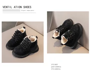 Children winter boots detail shot, black fur-lined Martin boots design, soft leather upper.