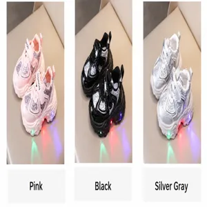 Children breathable mesh light up sneakers details, pink black silver grey variants display.