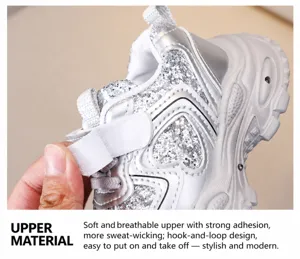 Detailed view of children's breathable glitter running shoes with convenient hook and loop.