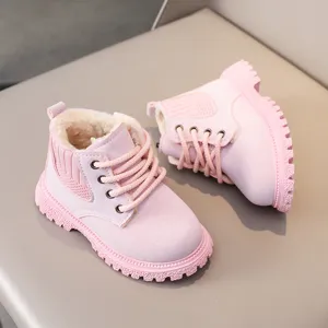 Children winter plush lined pink boots cute toddler snow boots warm non-slip footwear