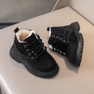 Kids black winter snow boots with plush lining, comfortable non-slip warm cotton boots.