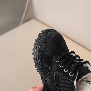 Kids winter Martin boots black detail, warm plush lining, non-slip sole toddler shoes.