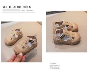 Summer baby toddler hollow sandals with velcro and soft anti-collision sole details.