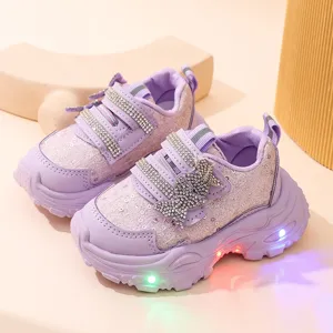 Girls light up princess sneakers, comfortable LED glitter bow kids running casual shoes.