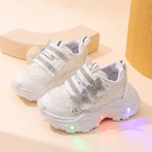 Girls LED light up sneakers with rhinestone bows comfortable spring children running shoes