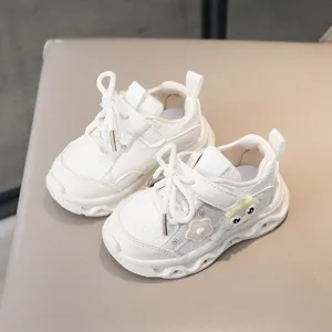 White kids LED light-up sneakers with cute cartoon decor, breathable soft-soled shoes.
