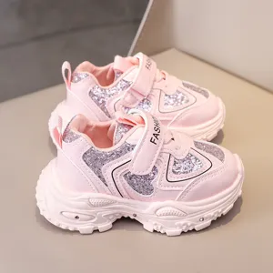 Pink glitter kids sneakers, toddler breathable mesh sports shoes with convenient velcro straps.