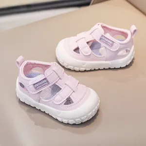 Toddler pink summer sandals with breathable hollow design, velcro strap and soft anti-slip sole.