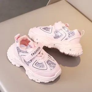 Kids pink glitter light up sneakers breathable toddler sports shoes casual walking shoes for girls