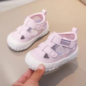 Pink infant baby toddler sandals with soft anti-slip sole, hollow-out breathable design.