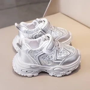 Childrens silver glitter mesh sneakers with light up sole casual breathable toddler shoes