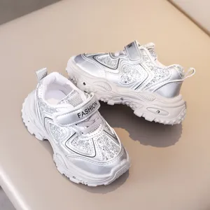 Kids silver sparkly luminous sports sneakers toddler breathable casual shoes for boys girls