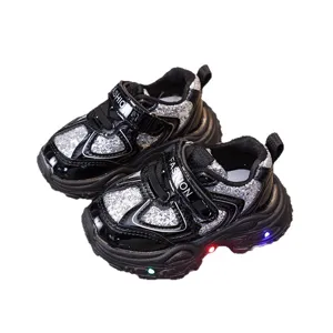 Kids black glitter light up sneakers breathable toddler sports shoes comfort running shoes