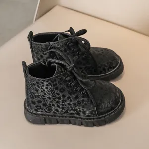 Stivaletti Martin caldi per bambini, stivali neri stampa leopardo per ragazzi e ragazze.