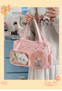 Pink canvas ita bag, large capacity tote shoulder bag with transparent window for anime fans.