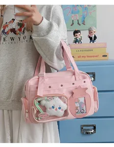 Pink canvas itaba bag with clear window and star pocket, large capacity tote for daily use.