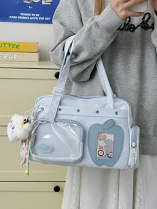 Light blue large capacity ita bag tote shoulder bag with clear window and cute charm for women