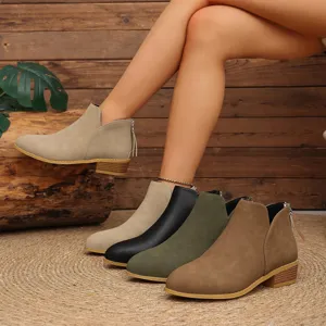 Bottines femme talon carre bas bout pointu couleur unie chaussures mode automne hiver