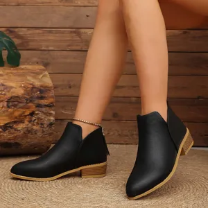 Bottines Femme Bout Pointu Talon Carré Bas Couleur Unie Slip On Chaussures Mode Élégant