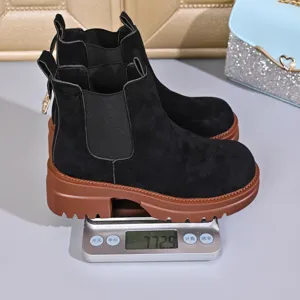Women black suede Chelsea boots with chunky platform lug sole, comfortable autumn short boots.