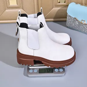 White suede Chelsea boots detail, chunky brown platform sole, elastic side panels, autumn shoes.