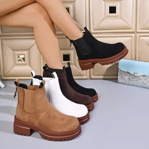 Women's suede Chelsea boots detail showing thick platform sole and multiple colors.