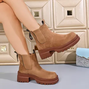 Women suede Chelsea boots with chunky platform sole, comfortable slip-on design for autumn wear.
