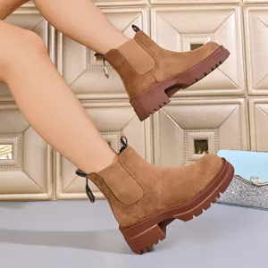 Platform Chelsea boots detail shot, brown frosted leather upper and chunky platform lug sole.