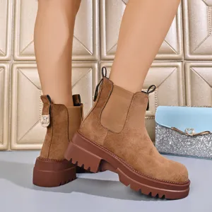 Brown suede platform Chelsea boots detail showing thick lug sole, round toe and rear pull tab.