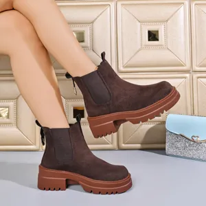 Women brown suede Chelsea boots chunky platform casual autumn footwear detail shot