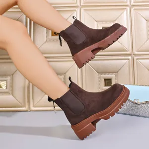 Detail shot of brown suede platform Chelsea boots, showing thick lug sole and side elastic panel.