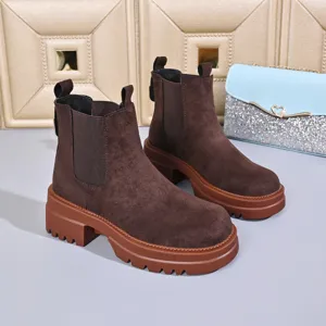 Brown suede chelsea boots women platform chunky heel round toe ankle boots comfy footwear