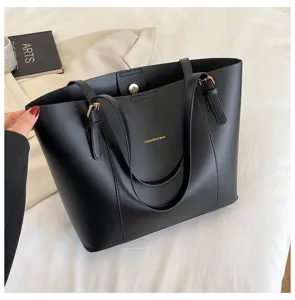 Classic black pu leather large capacity tote bag for women stylish casual shoulder bag