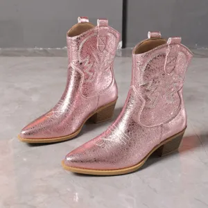 Bottes de cowboy occidentales roses métalliques pour femmes, talon épais à bout pointu.