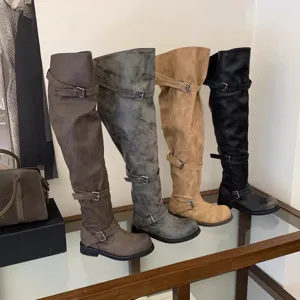 Women vintage over the knee boots thick heel slouchy long boots with stylish buckles.