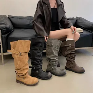 Women's Vintage Patent Leather Belt Buckle Slouch Boots Chunky Low Heel Round Toe Knee High Long Boots