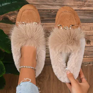 Femmes douces mules doublées de fausse fourrure daim marron chaussures plates d'hiver