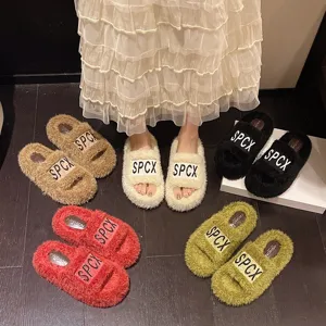 Donna spessa suola pantofole pelose inverno lana agnello lettere caldo casual casa moda ciabatte