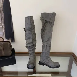 Vintage Buckle Slouchy Over-The-Knee Boots Block Heel Round Toe Grey Long Boots For Women