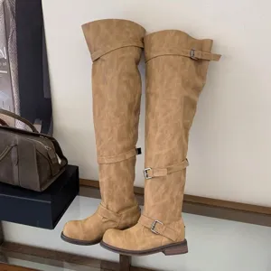 Retro buckle over-the-knee boots for women, stylish chunky heel slouchy long boots.