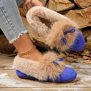 Winter warm fuzzy plush flat shoes detail view, blue suede upper with soft faux fur trim.