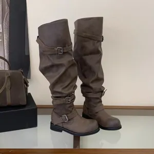 Retro buckle slouch over-the-knee long boots, chunky heel round toe fashion detail view.