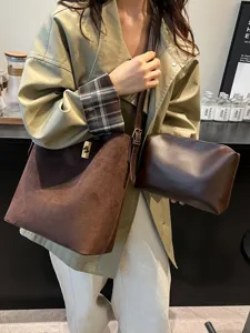Korean vintage suede bucket bag set, large capacity shoulder tote bag with crossbody design.