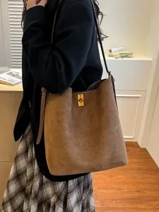 Korean style vintage brown suede bucket bag large capacity shoulder crossbody bag for women