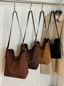 Korean style vintage large capacity suede bucket shoulder bag tote crossbody bag for women