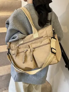 Korean minimalist nylon shoulder bag for women, casual multi-pocket crossbody tote bag.