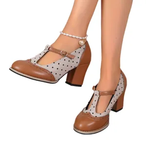 Retro polka dot Mary Jane shoes for women, chunky block heel T-strap British style pumps.