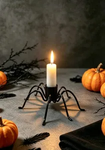 Halloween spider candle holder black metal gothic tabletop decoration with white pillar candle