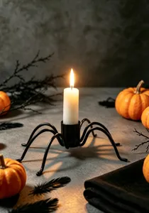 Halloween black metal spider candle holder scene display with white candle and festive pumpkins.