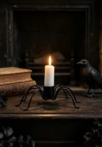 Gothic black metal spider candle holder with white candle, vintage Halloween table decor detail shot.